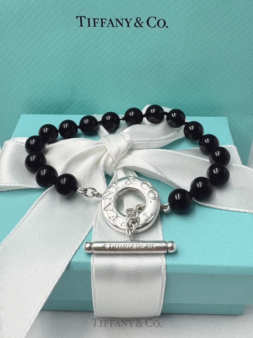 Tiffany & Co. Black Onyx Toggle Bracelet Sterling Silver 925 8.5” Gift Box Pouch